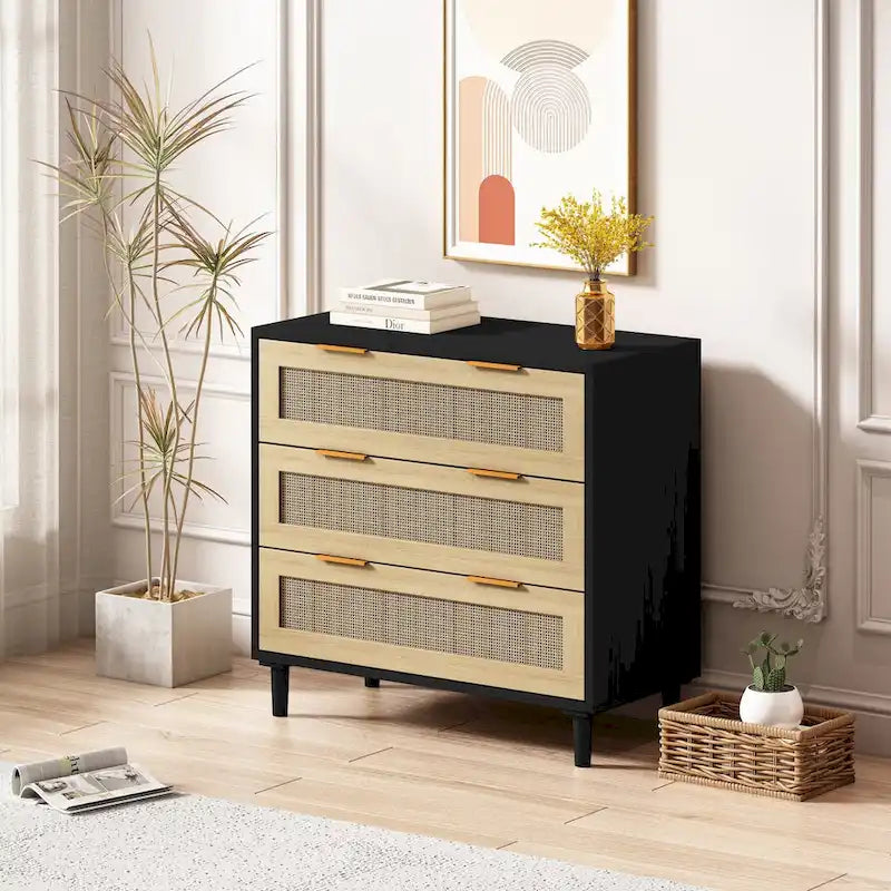 3-Drawer Rattan Storage Cabinet for Bedroom Living Room and Hallway