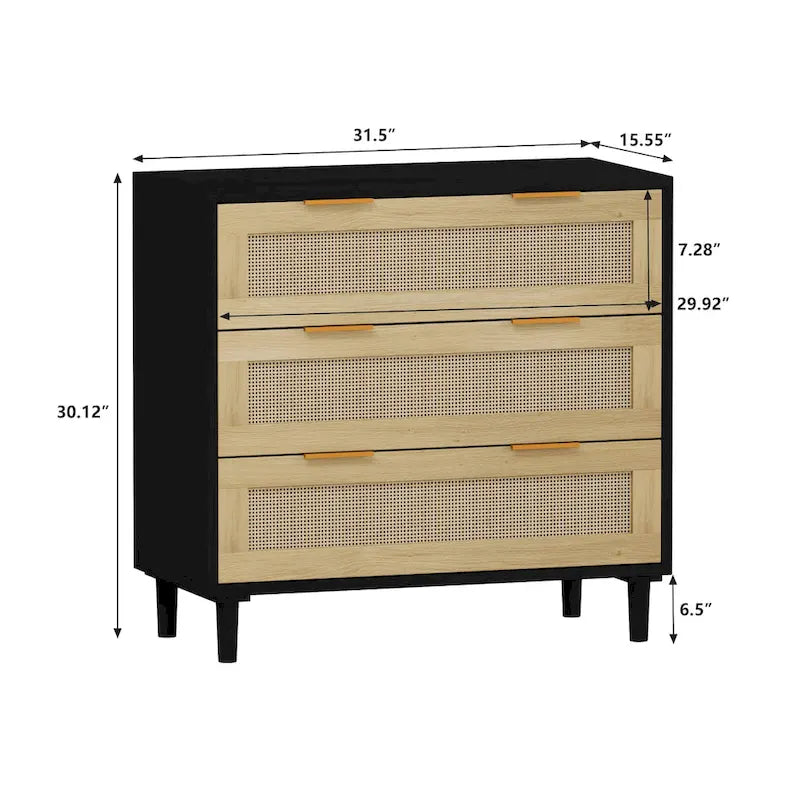 3-Drawer Rattan Storage Cabinet for Bedroom Living Room and Hallway