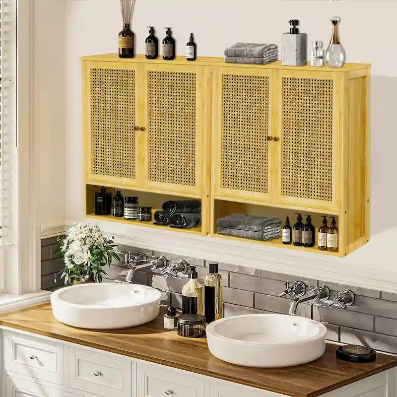 Wall Mounted Bamboo Storage Cabinet with Double Doors and 3 Shelves