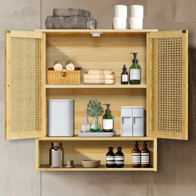 Wall Mounted Bamboo Storage Cabinet with Double Doors and 3 Shelves