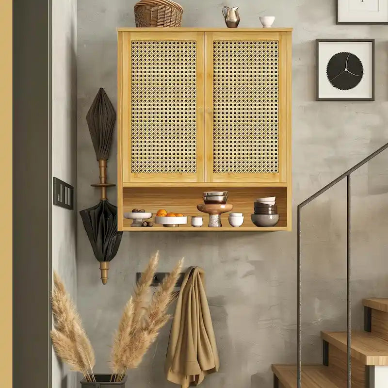 Wall Mounted Bamboo Storage Cabinet with Double Doors and 3 Shelves