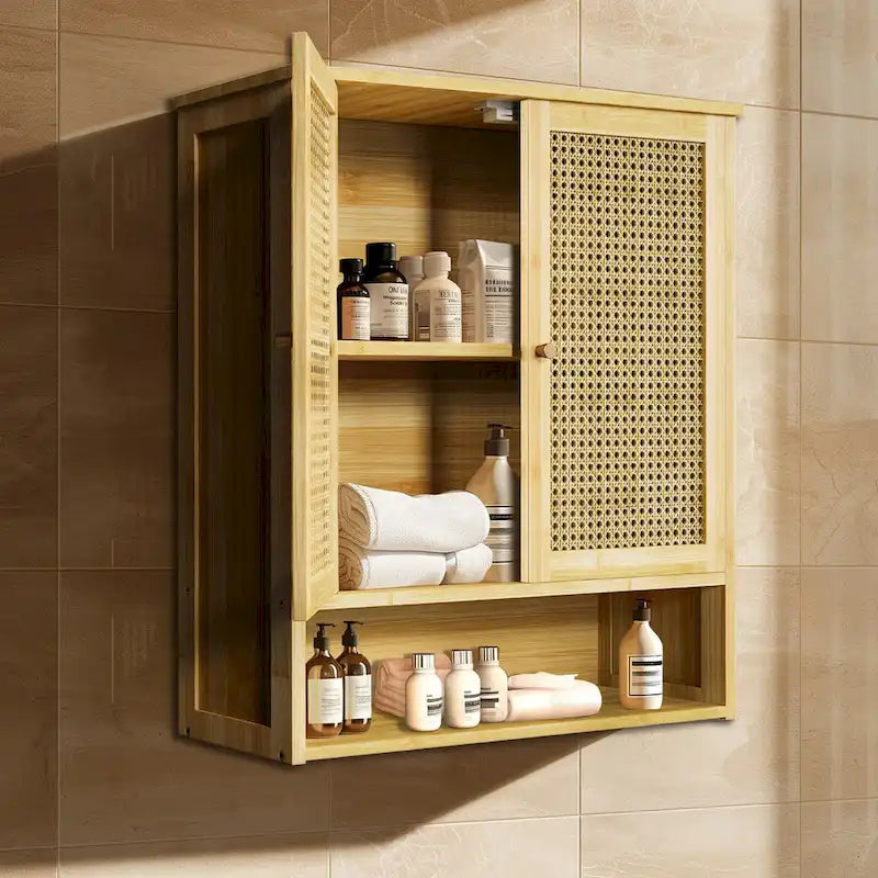 Wall Mounted Bamboo Storage Cabinet with Double Doors and 3 Shelves