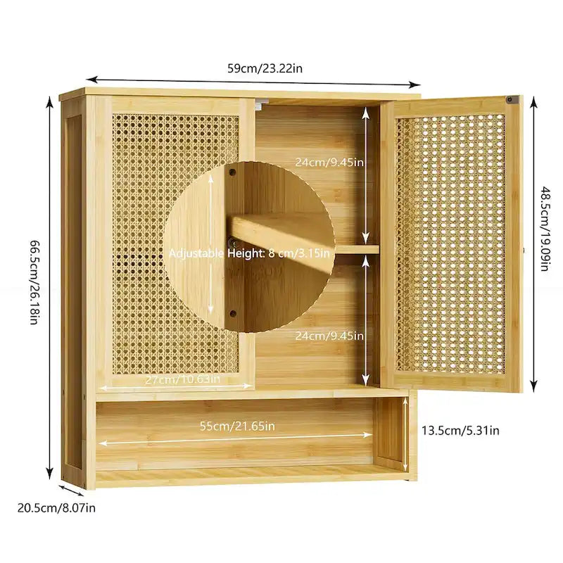 Wall Mounted Bamboo Storage Cabinet with Double Doors and 3 Shelves