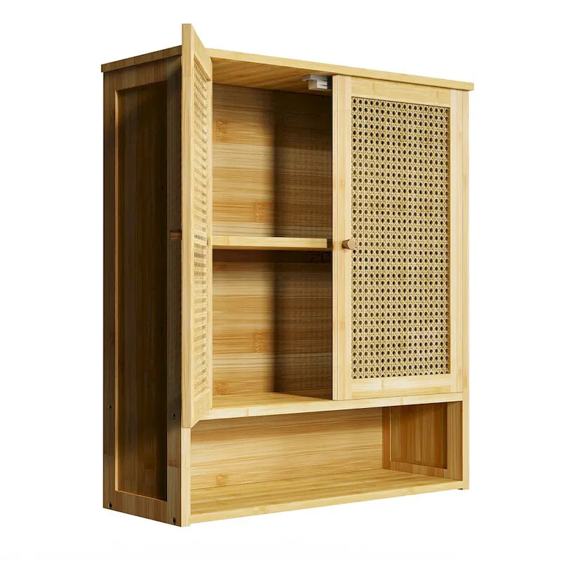 Wall Mounted Bamboo Storage Cabinet with Double Doors and 3 Shelves