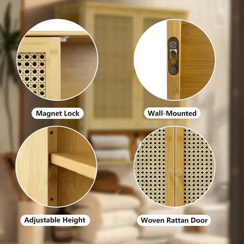 Wall Mounted Bamboo Storage Cabinet with Double Doors and 3 Shelves
