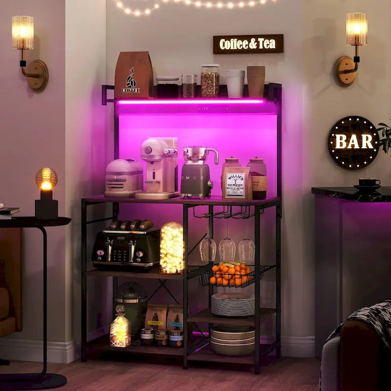 Baker's Rack with Power Outlet, LED Lights and Kitchen Storage Shelves