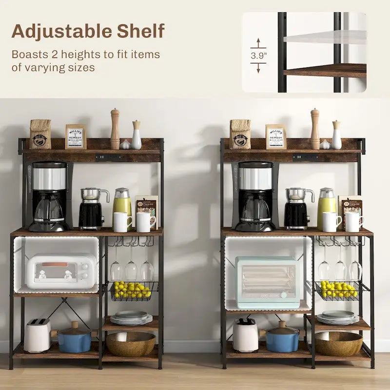 Baker's Rack with Power Outlet, LED Lights and Kitchen Storage Shelves