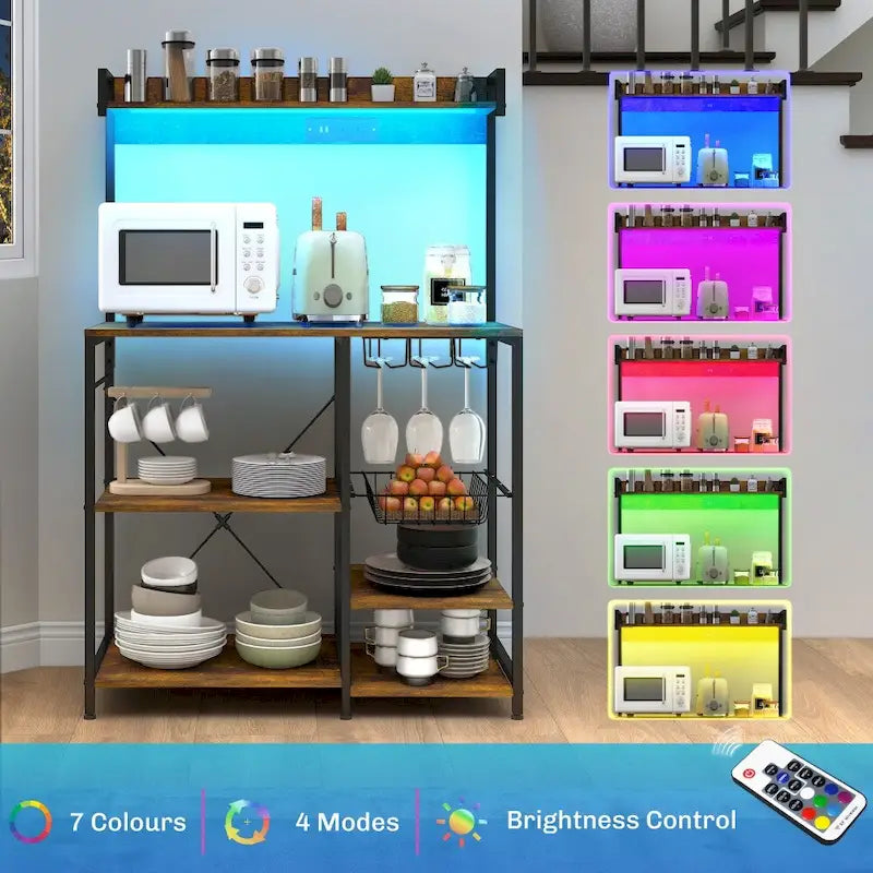 Baker's Rack with Power Outlet, LED Lights and Kitchen Storage Shelves