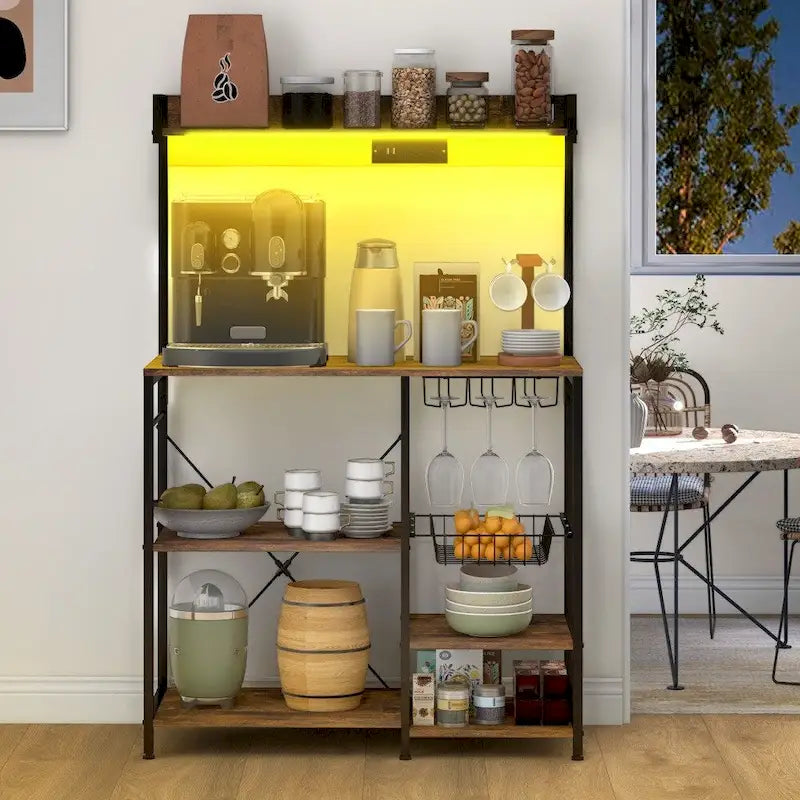 Baker's Rack with Power Outlet, LED Lights and Kitchen Storage Shelves