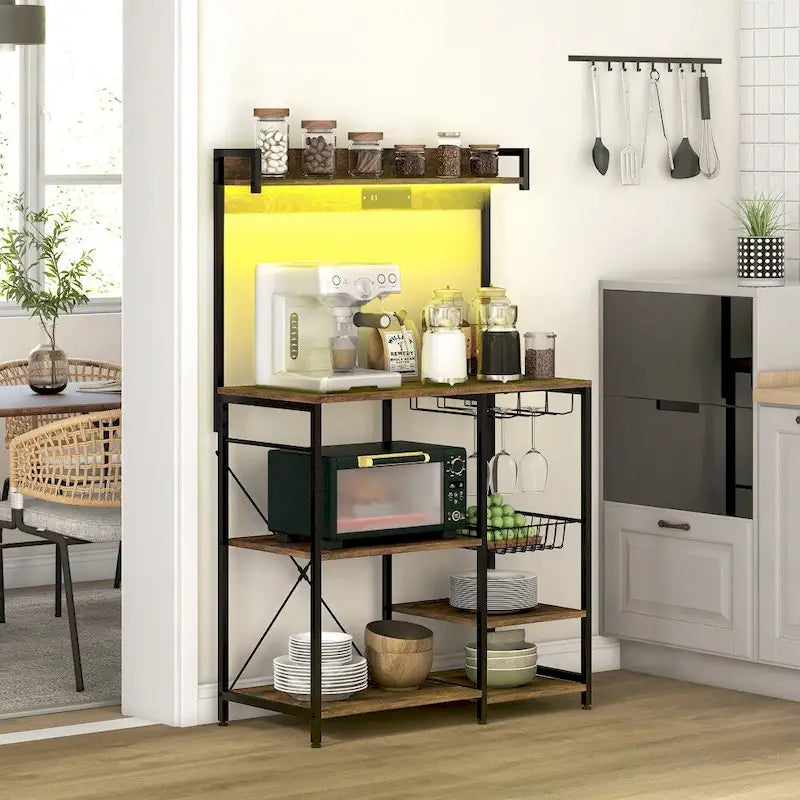 Baker's Rack with Power Outlet, LED Lights and Kitchen Storage Shelves