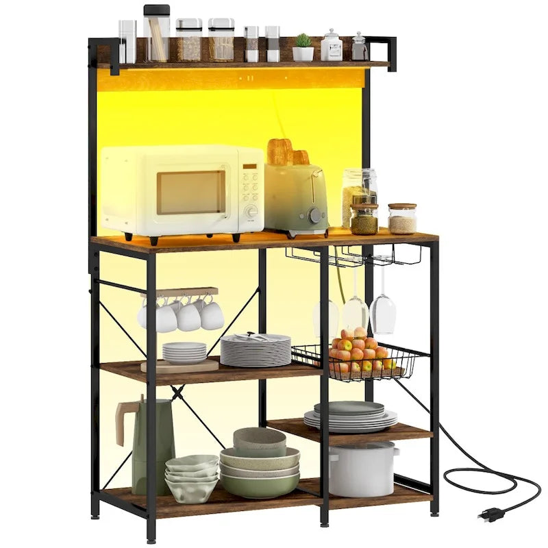 Baker's Rack with Power Outlet, LED Lights and Kitchen Storage Shelves