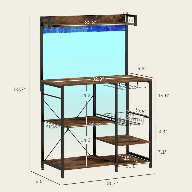 Baker's Rack with Power Outlet, LED Lights and Kitchen Storage Shelves