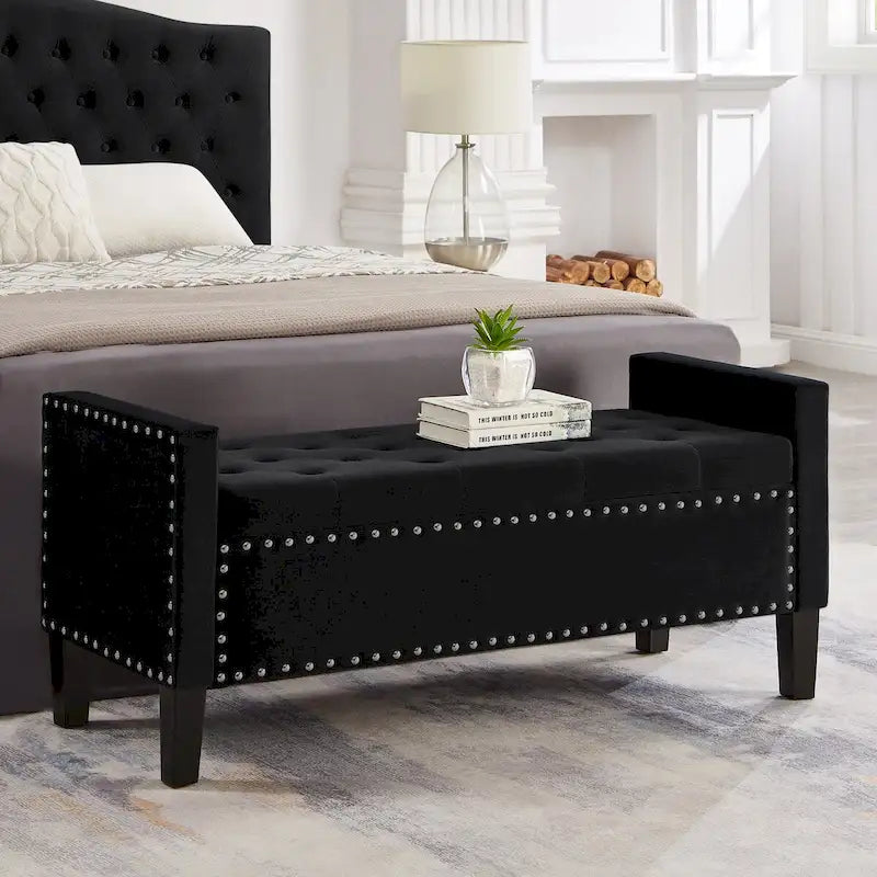 Upholstered Tufted Button Storage Bench with Armrest and Nails Trim for Entryway Bedroom Living Room