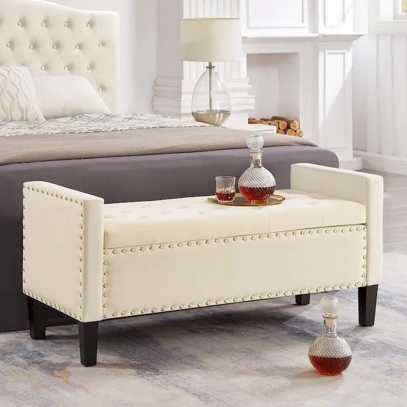 Upholstered Tufted Button Storage Bench with Armrest and Nails Trim for Entryway Bedroom Living Room