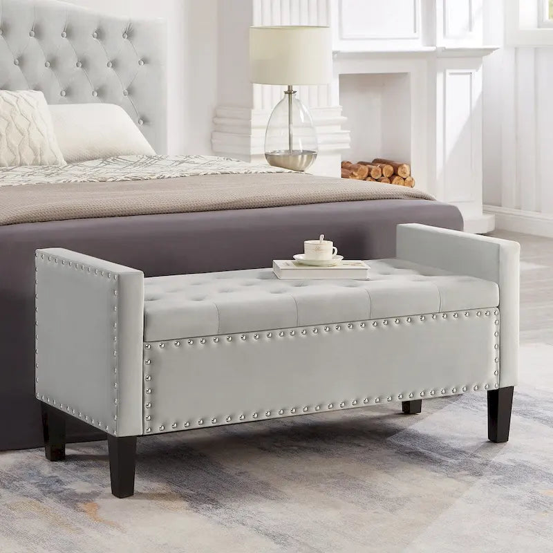 Upholstered Tufted Button Storage Bench with Armrest and Nails Trim for Entryway Bedroom Living Room