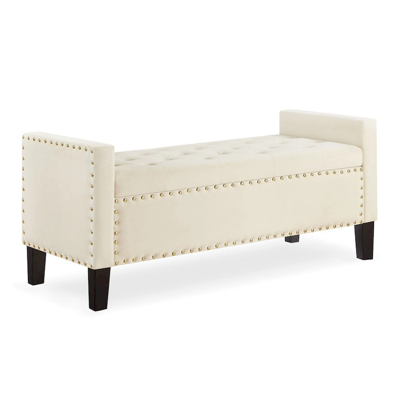Upholstered Tufted Button Storage Bench with Armrest and Nails Trim for Entryway Bedroom Living Room