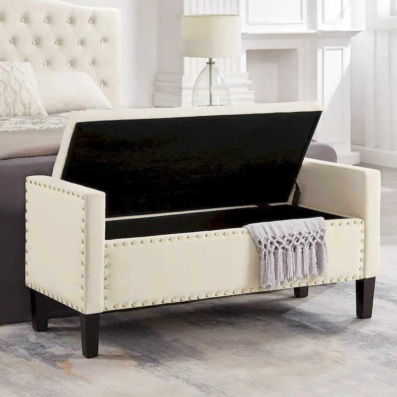 Upholstered Tufted Button Storage Bench with Armrest and Nails Trim for Entryway Bedroom Living Room