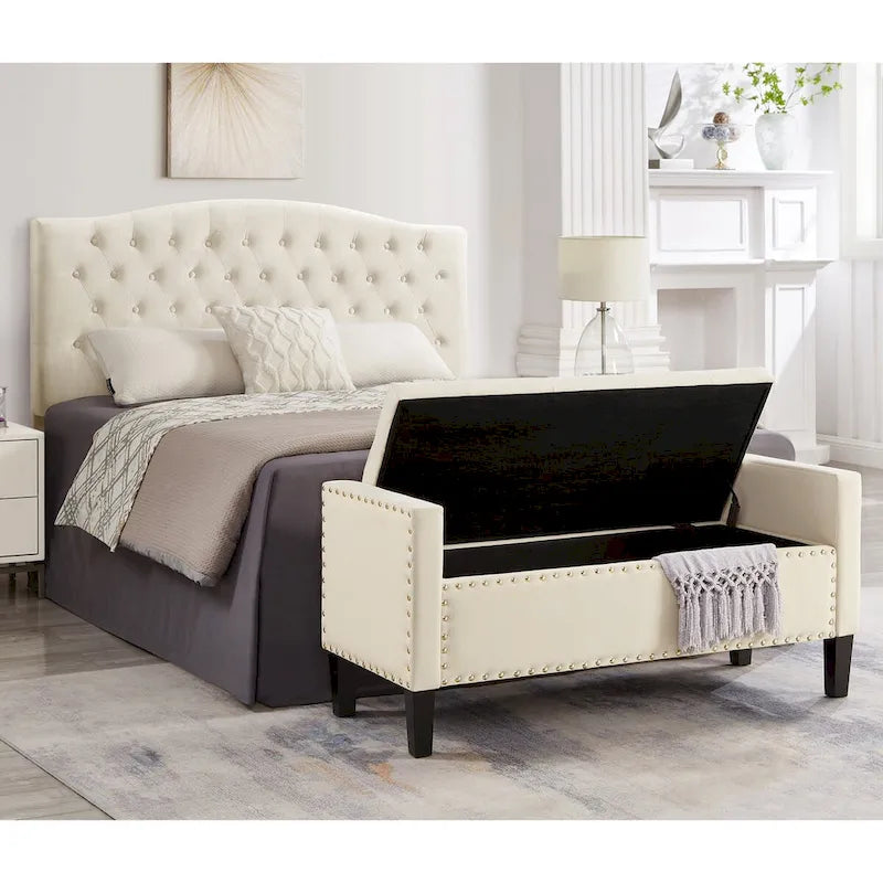 Upholstered Tufted Button Storage Bench with Armrest and Nails Trim for Entryway Bedroom Living Room
