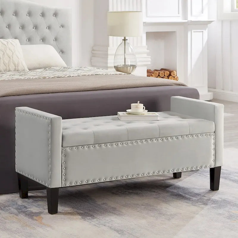 Upholstered Tufted Button Storage Bench with Armrest and Nails Trim for Entryway Bedroom Living Room