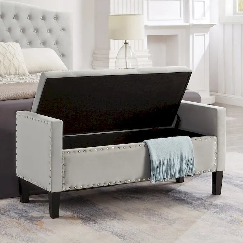 Upholstered Tufted Button Storage Bench with Armrest and Nails Trim for Entryway Bedroom Living Room