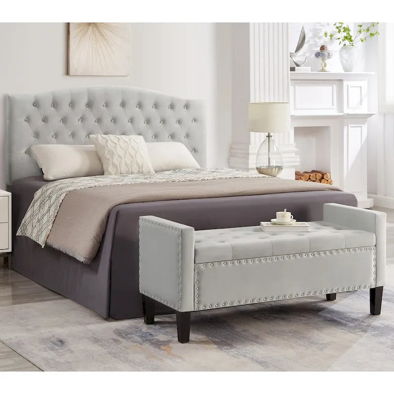 Upholstered Tufted Button Storage Bench with Armrest and Nails Trim for Entryway Bedroom Living Room