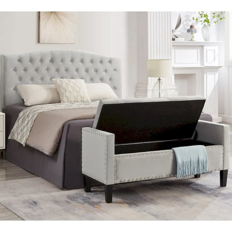 Upholstered Tufted Button Storage Bench with Armrest and Nails Trim for Entryway Bedroom Living Room