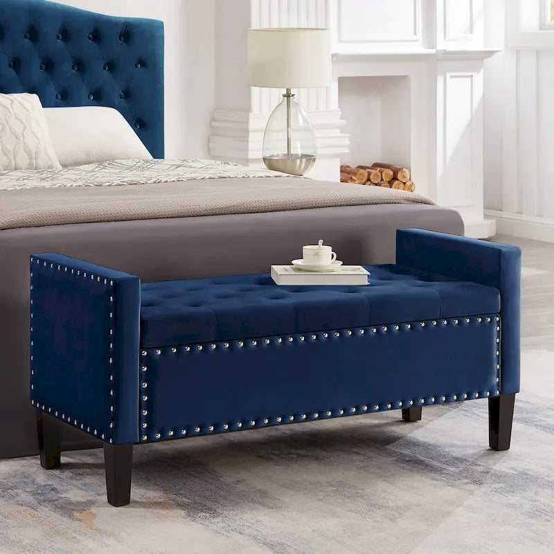 Upholstered Tufted Button Storage Bench with Armrest and Nails Trim for Entryway Bedroom Living Room