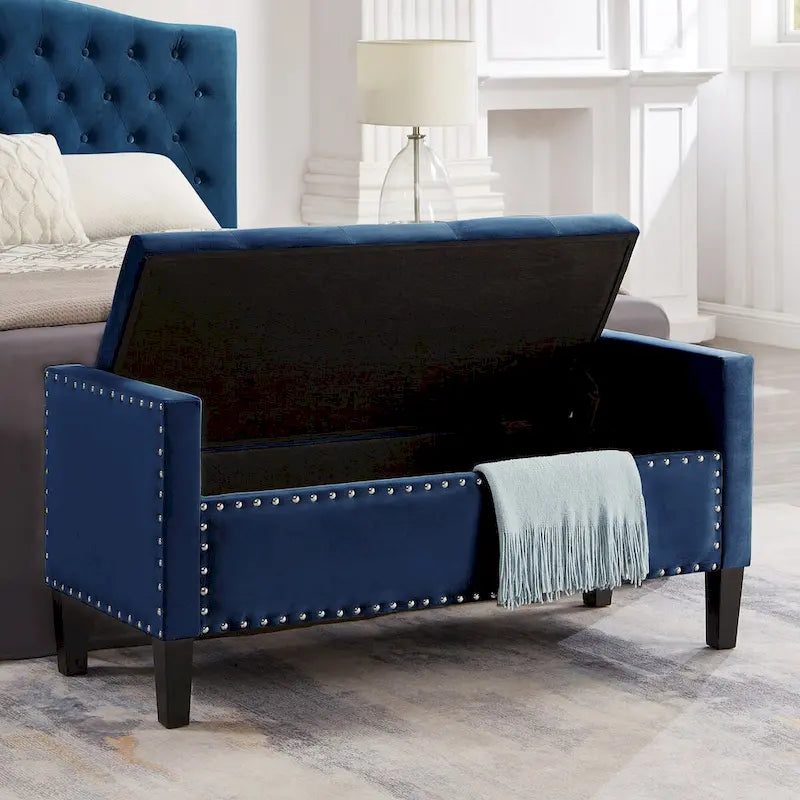 Upholstered Tufted Button Storage Bench with Armrest and Nails Trim for Entryway Bedroom Living Room