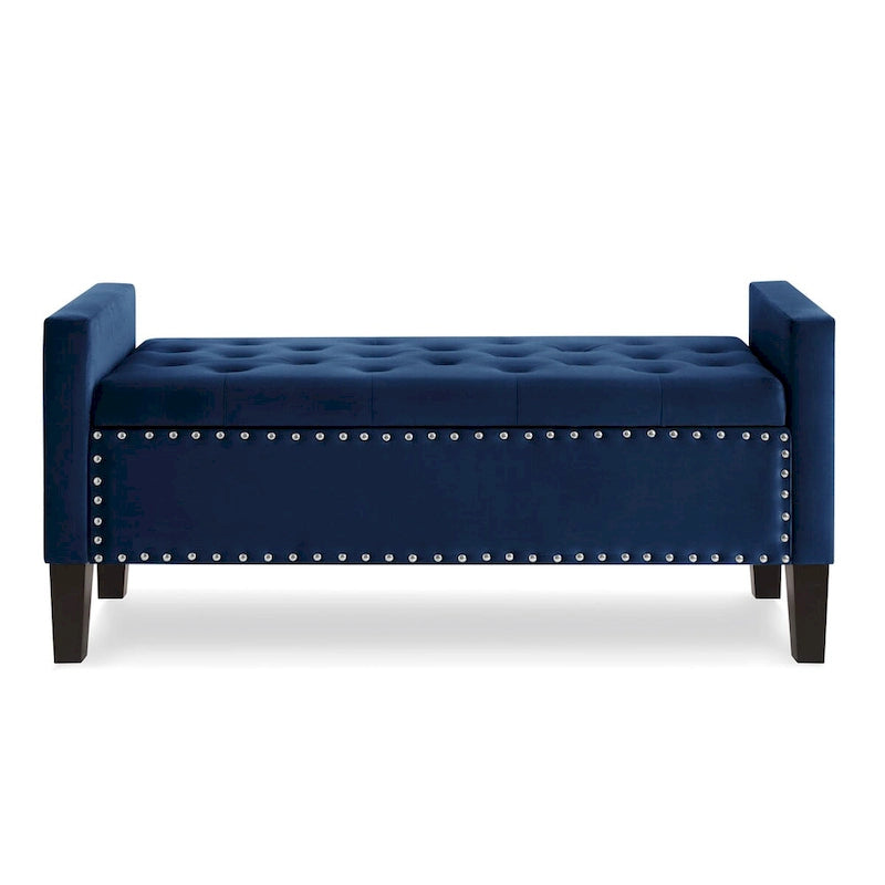 Upholstered Tufted Button Storage Bench with Armrest and Nails Trim for Entryway Bedroom Living Room