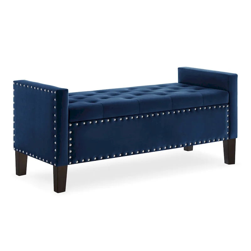Upholstered Tufted Button Storage Bench with Armrest and Nails Trim for Entryway Bedroom Living Room