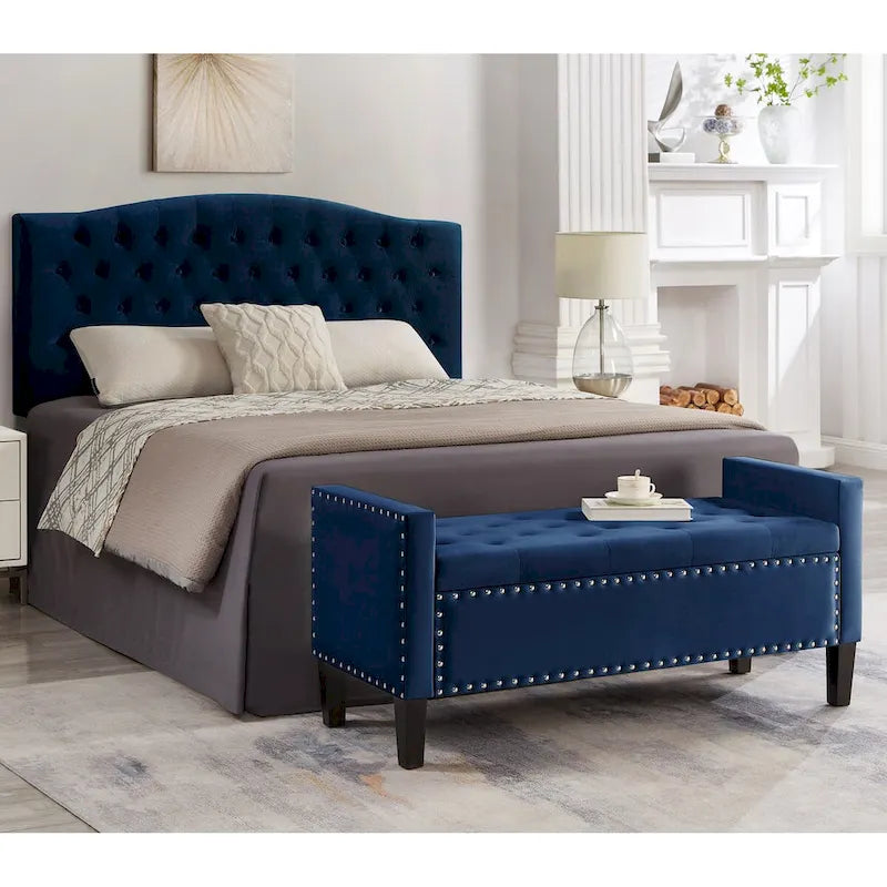 Upholstered Tufted Button Storage Bench with Armrest and Nails Trim for Entryway Bedroom Living Room