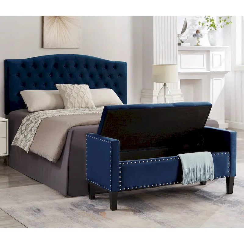 Upholstered Tufted Button Storage Bench with Armrest and Nails Trim for Entryway Bedroom Living Room