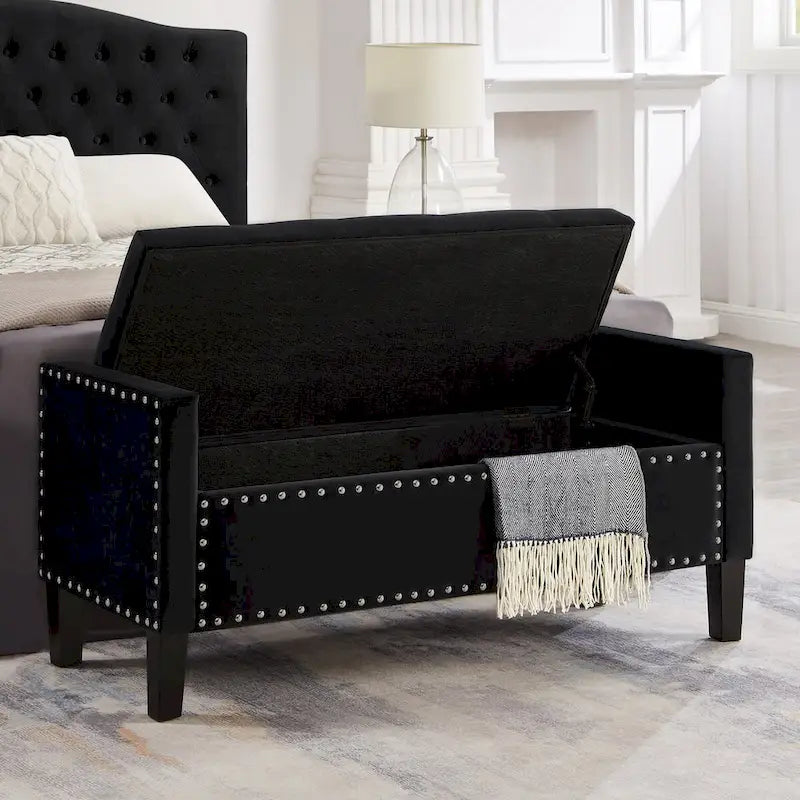Upholstered Tufted Button Storage Bench with Armrest and Nails Trim for Entryway Bedroom Living Room