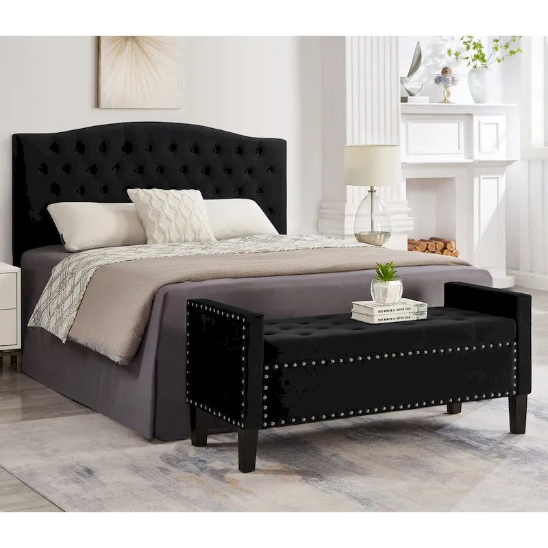 Upholstered Tufted Button Storage Bench with Armrest and Nails Trim for Entryway Bedroom Living Room