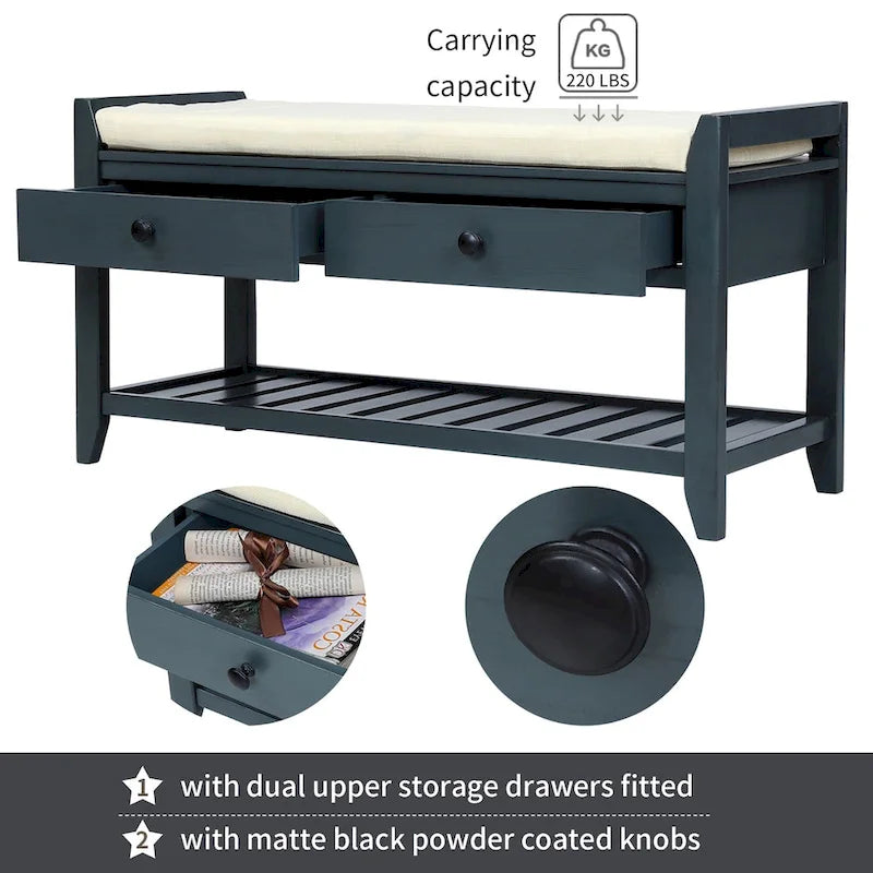 Modern Multipurpose Entryway Storage Bench With Upholstered Seat and Drawers