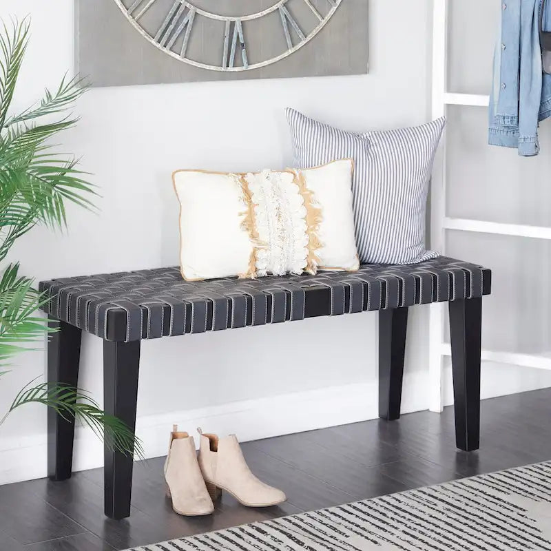 Wood Woven Faux Leather Bench in Black or Brown, 44.6 Inch