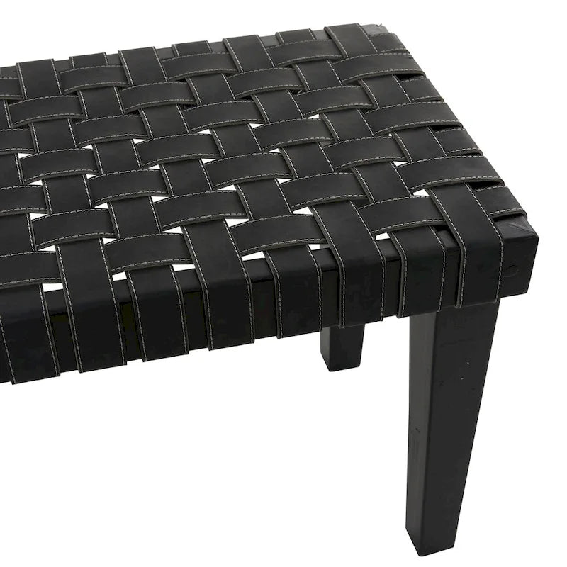 Wood Woven Faux Leather Bench in Black or Brown, 44.6 Inch