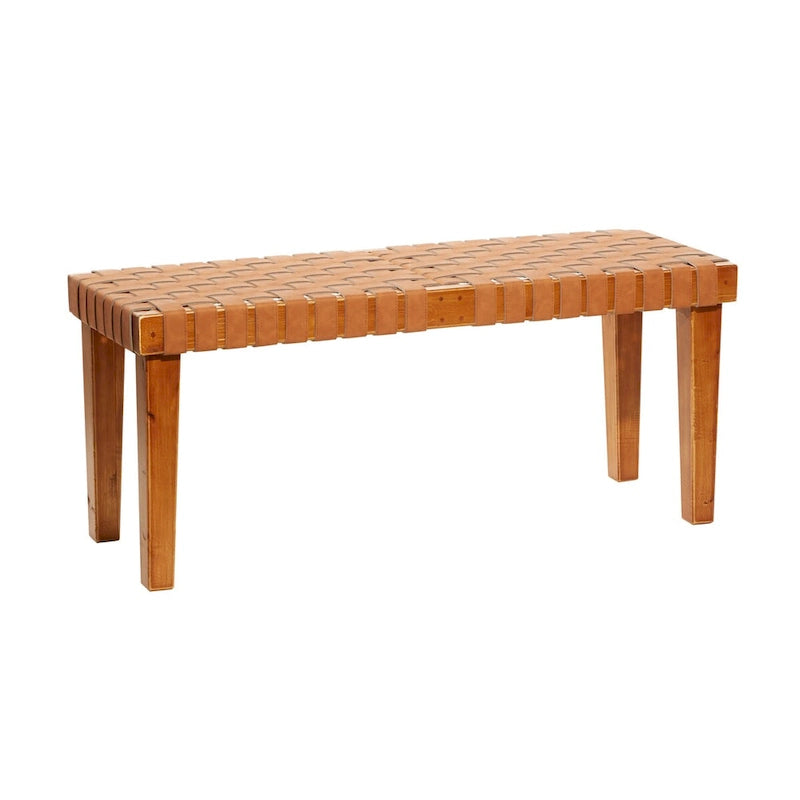 Wood Woven Faux Leather Bench in Black or Brown, 44.6 Inch