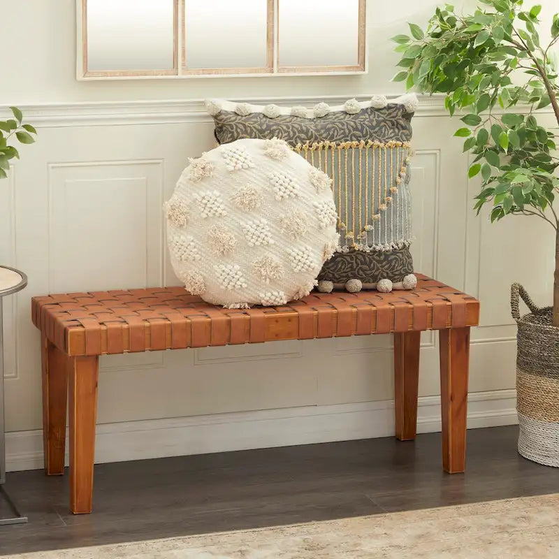 Wood Woven Faux Leather Bench in Black or Brown, 44.6 Inch