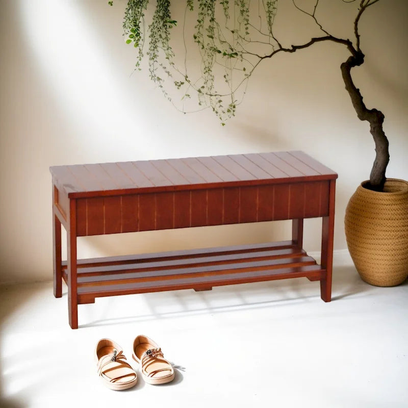 Entryway Solid Wood Shoe Bench with Lower Storage Compartment