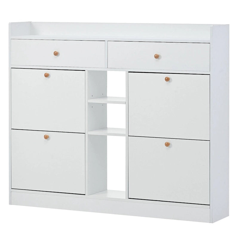 2-Tier Shoe Rack Cabinet with 4 Flip Drawers, White Free Standing Storage Organizer