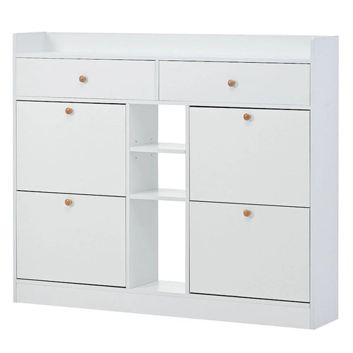 2-Tier Shoe Rack Cabinet with 4 Flip Drawers, White Free Standing Storage Organizer