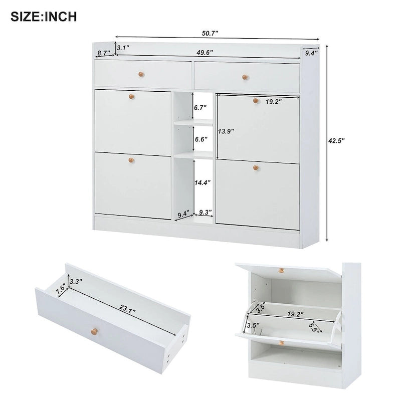2-Tier Shoe Rack Cabinet with 4 Flip Drawers, White Free Standing Storage Organizer