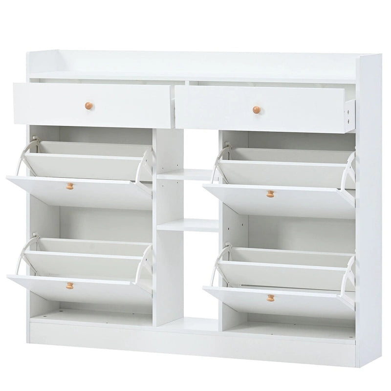 2-Tier Shoe Rack Cabinet with 4 Flip Drawers, White Free Standing Storage Organizer