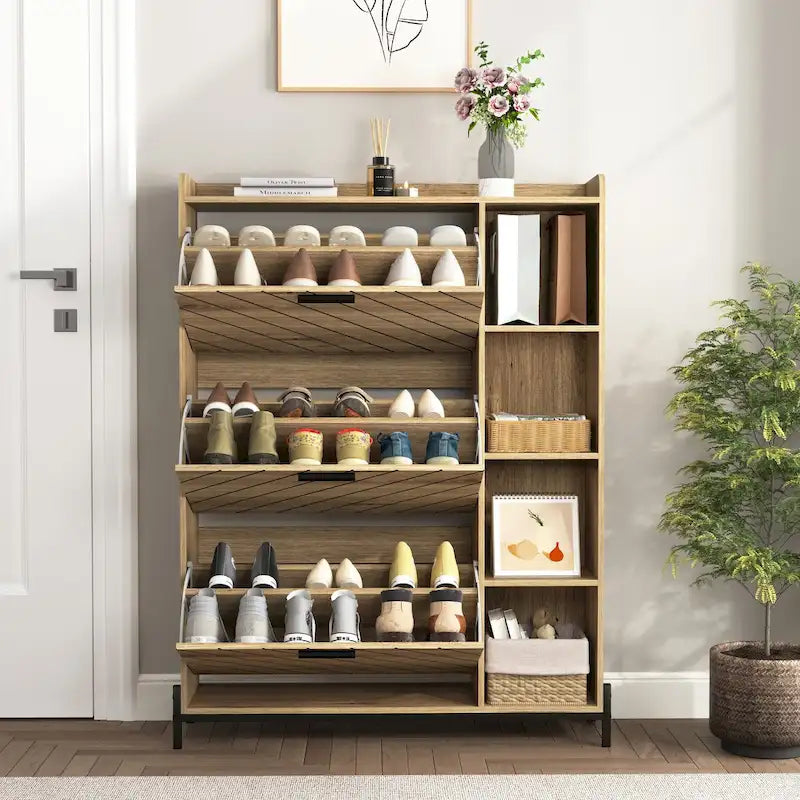 Shoe Cabinet with 3 Flip Drawers Open Shelves Slim Narrow Entryway Hidden Shoe Rack