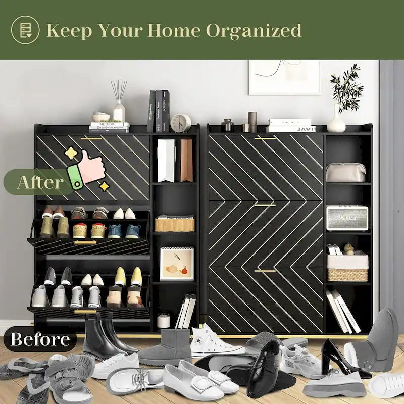Shoe Cabinet with 3 Flip Drawers Open Shelves Slim Narrow Entryway Hidden Shoe Rack