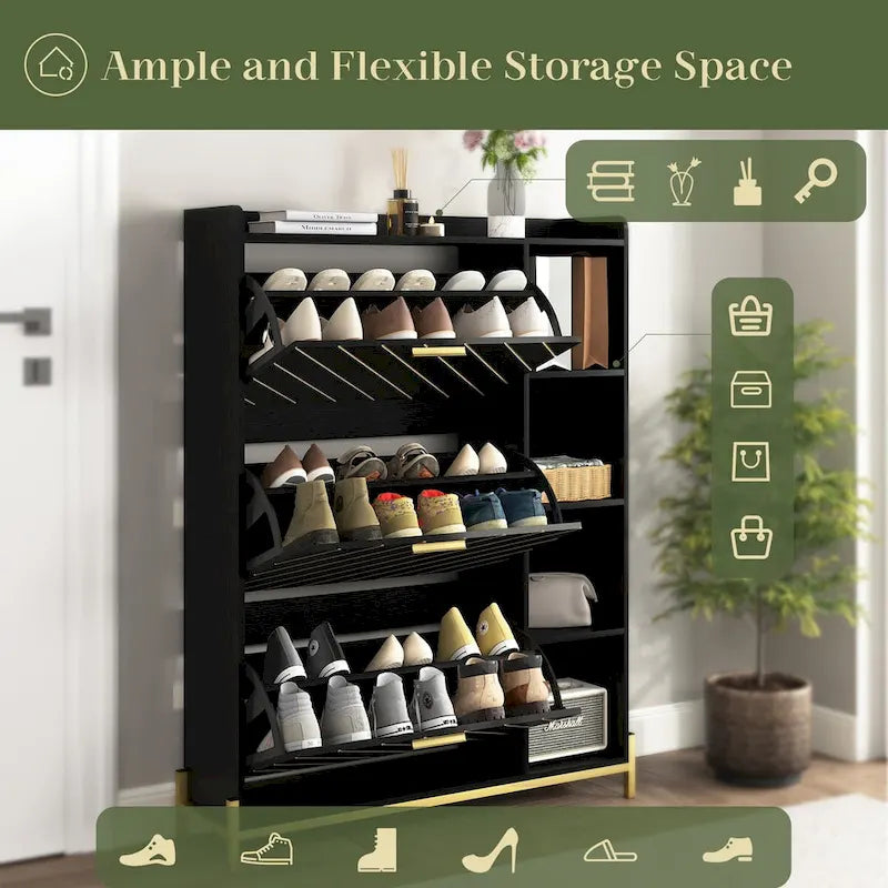Shoe Cabinet with 3 Flip Drawers Open Shelves Slim Narrow Entryway Hidden Shoe Rack