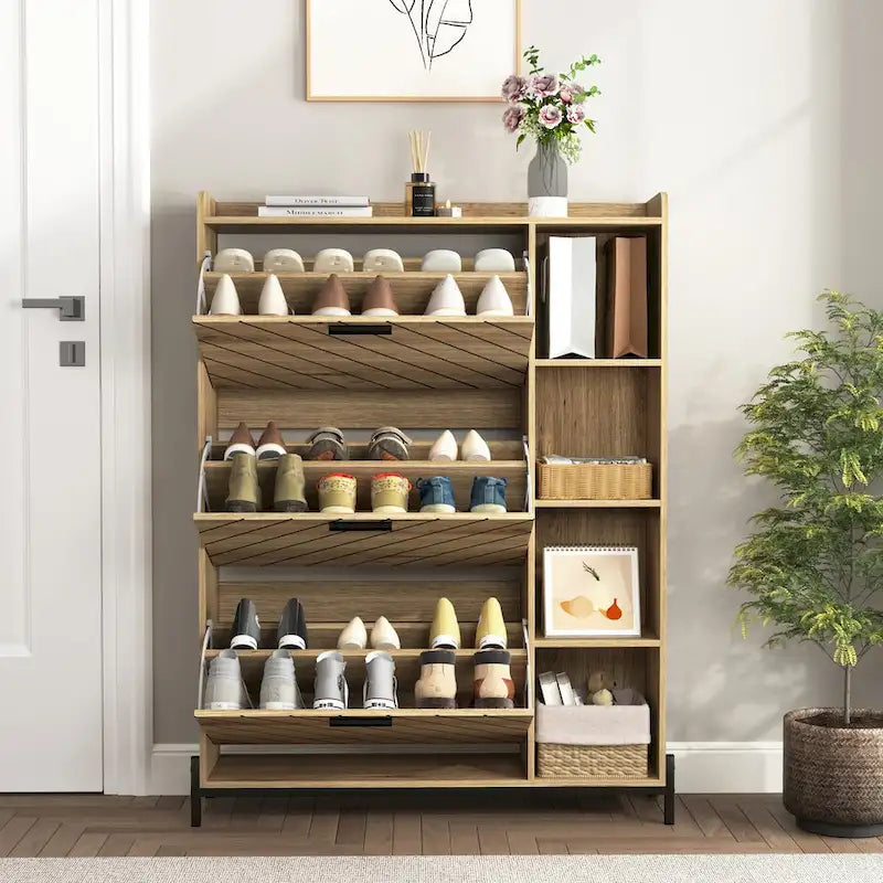 Shoe Cabinet with 3 Flip Drawers Open Shelves Slim Narrow Entryway Hidden Shoe Rack