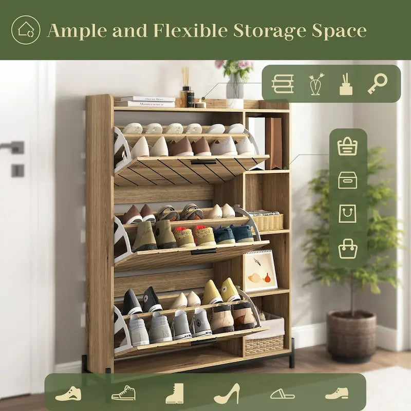 Shoe Cabinet with 3 Flip Drawers Open Shelves Slim Narrow Entryway Hidden Shoe Rack