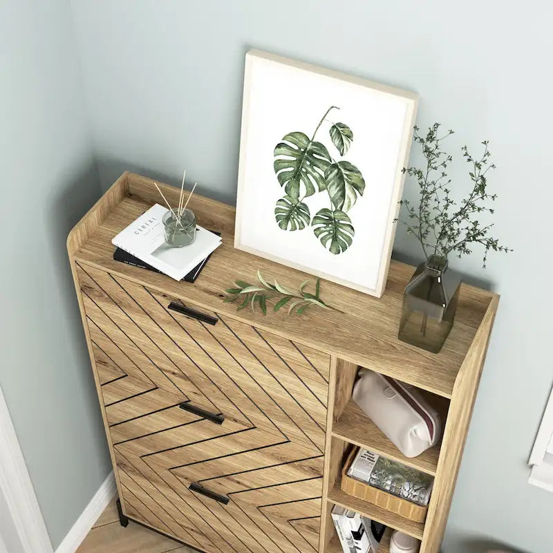Shoe Cabinet with 3 Flip Drawers Open Shelves Slim Narrow Entryway Hidden Shoe Rack